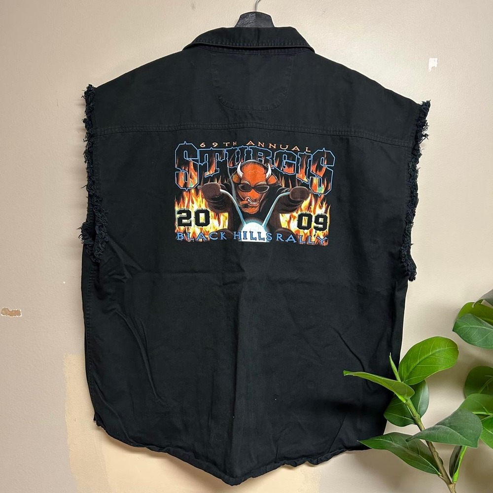 Cotton Heritage 2009 Sturgis Black Hills Rally Biker Cut Off Button Up Shirt XL